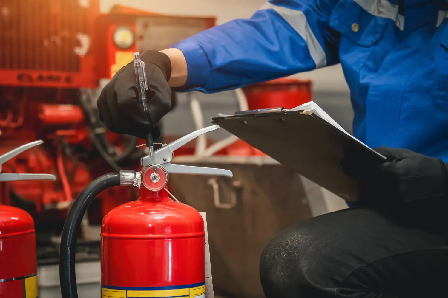 Ingenieur prüft den Feuerlöschertank in der Feuerwarte auf Sicherheit in der Fabrik oder Industrie